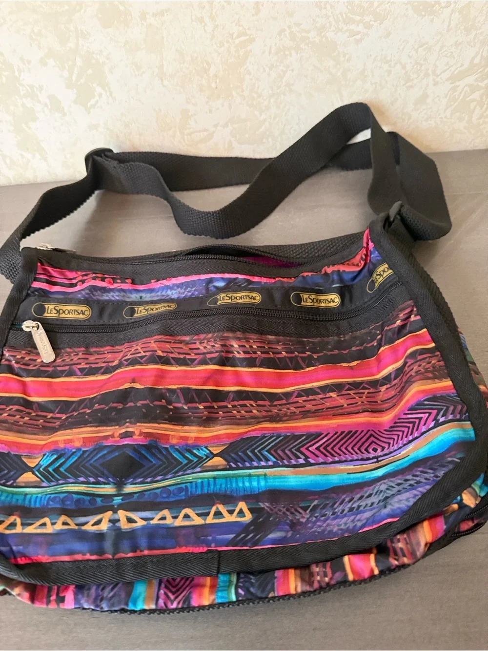 LeSportsac Multicolor Tribal-Striped Cosmetic Bag with Black Trim